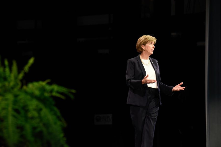 Cathy Cox at her State of the University Address in February 2022.